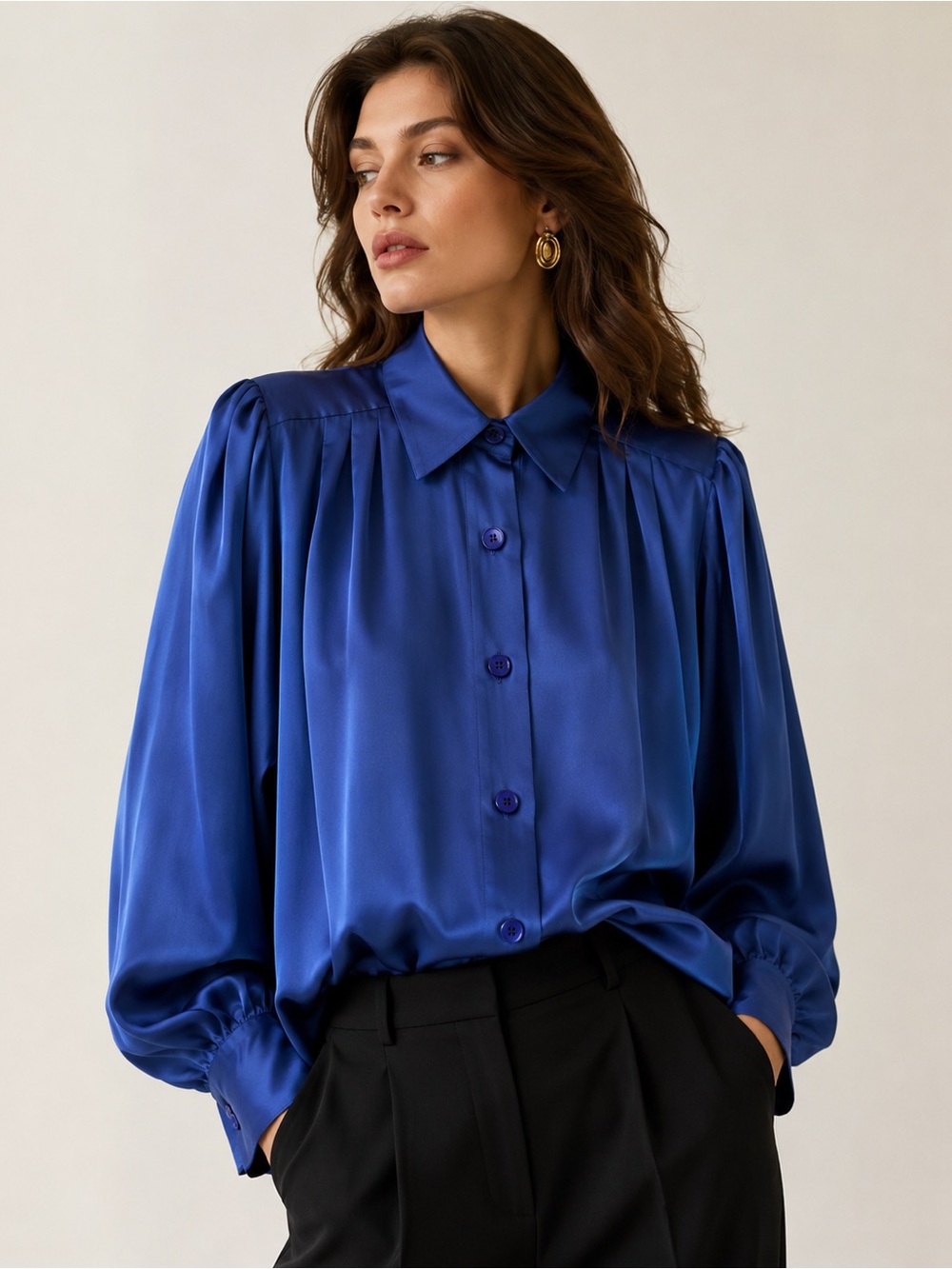 Vintage Rouie Blouse Navy Blue Puff Shoulder Ruched Bishop Sleeve size 6